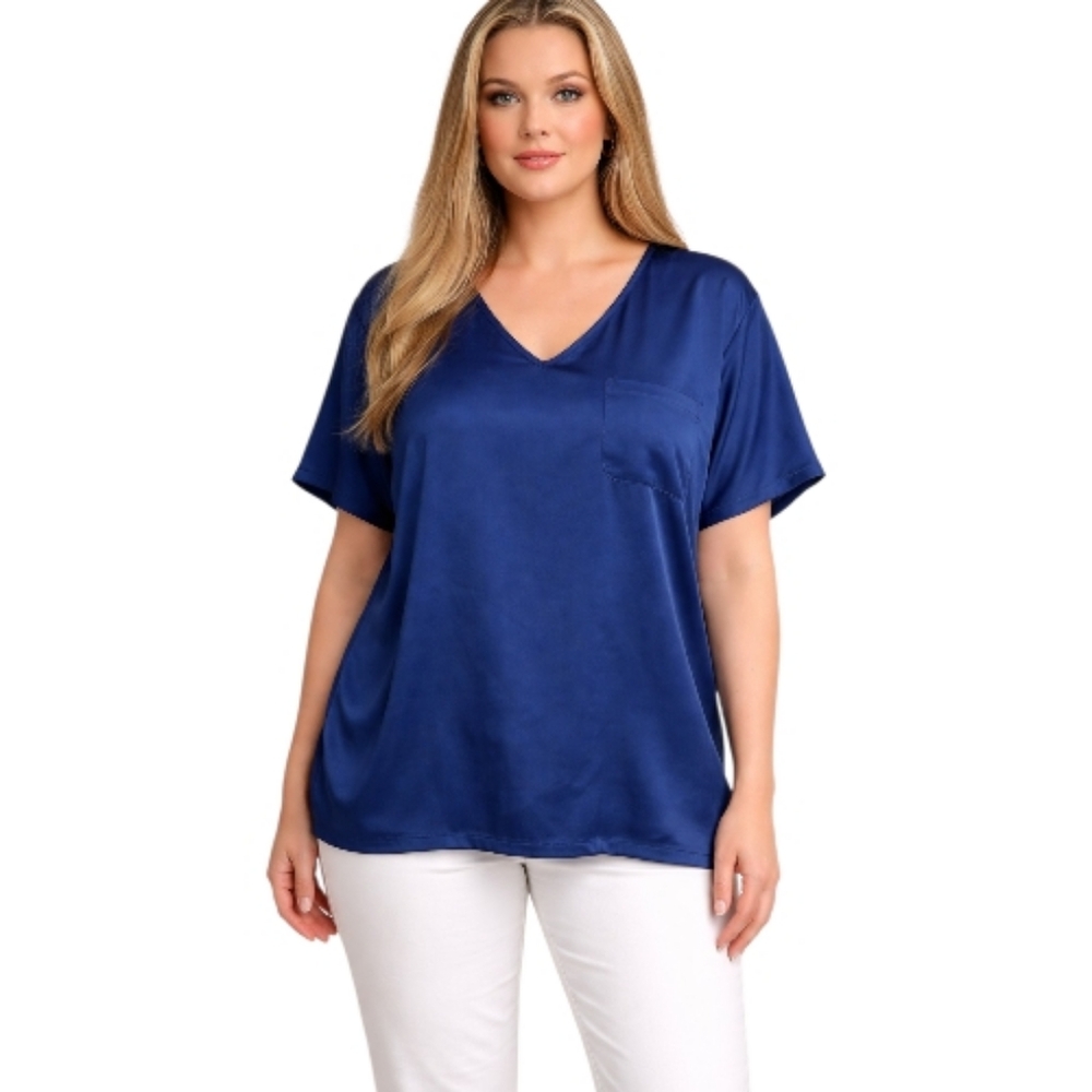 Ekouaer Women’s Blue V-Neck Short Sleeve Pocket Top Size L Soft Stretch Blouse